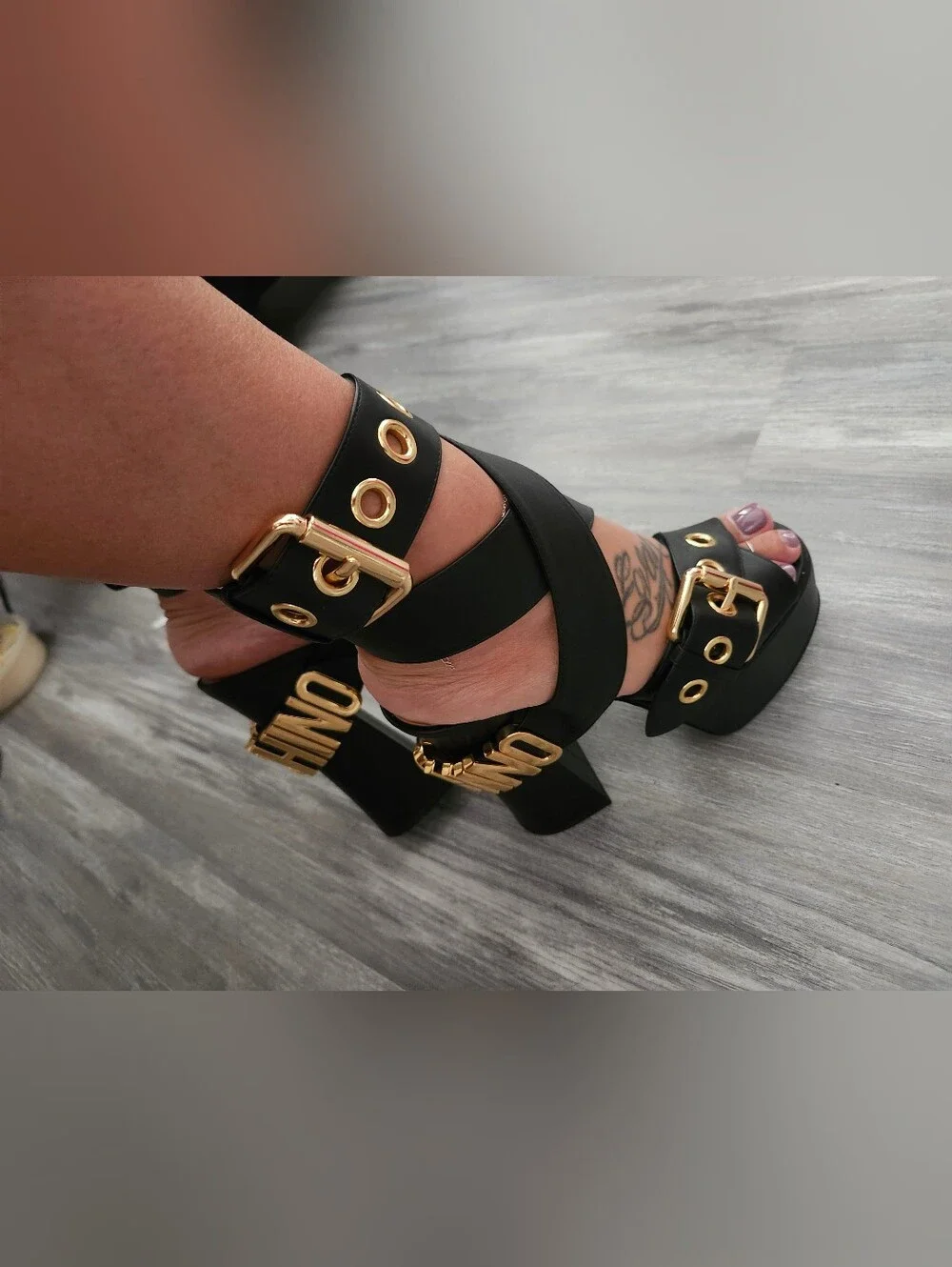 Moschino Black Platform Sandals with Gold Hardware